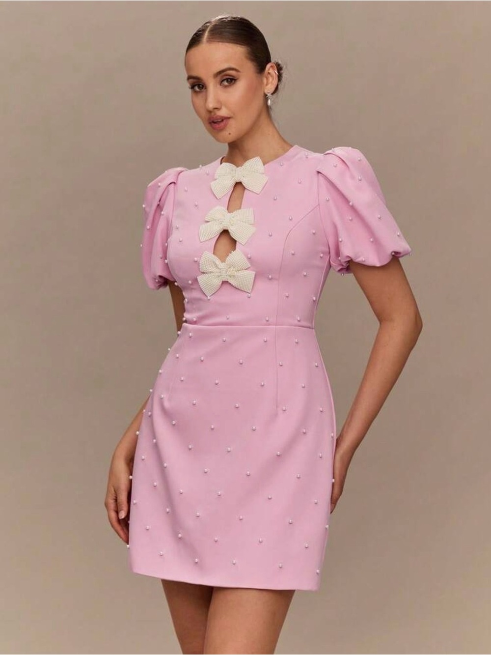 Pink Puff-Sleeve Mini Dress with Ivory Bows - Picture 4 of 6